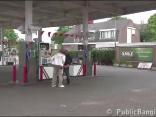 Very pregnant lady PUBLIC threesome at a gas station